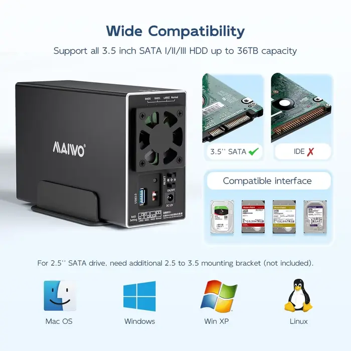 MAIWO 3.5 pouces SATA RAID HDD Station d'accueil double baie disque dur externe boîtier RAID USB3.0 