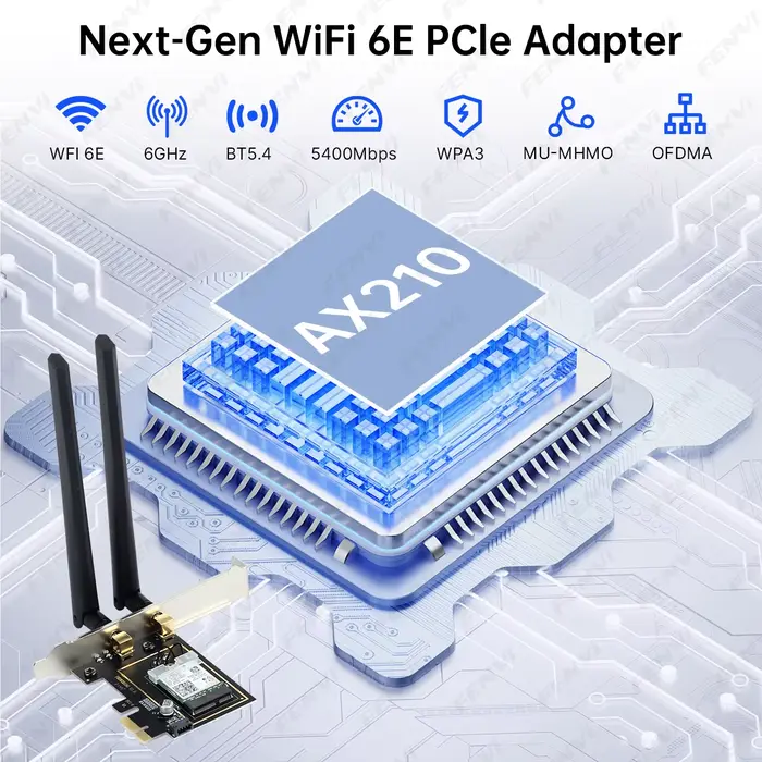 Adaptateur WiFi 6E AX210 PCI-E BT 5.3 5374Mbps Tri-band 2.4G/5G/6Ghz 802.11AX
