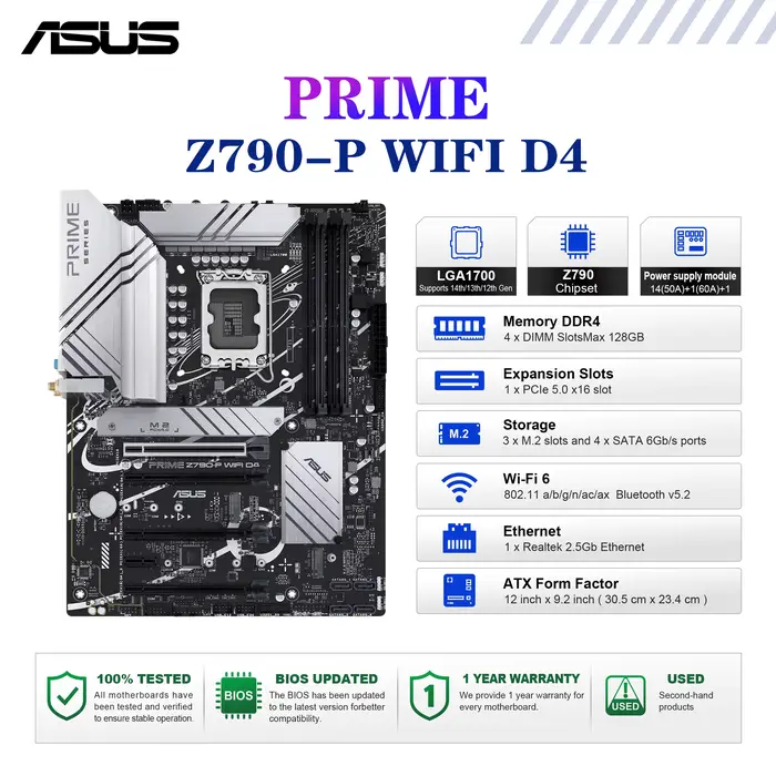 ASUS PRIME Z790-P WIFI D4 carte mère Socket LGA1700 CPU DDR4 5333 (O.C) jeu de puces mémoire Z790 AT