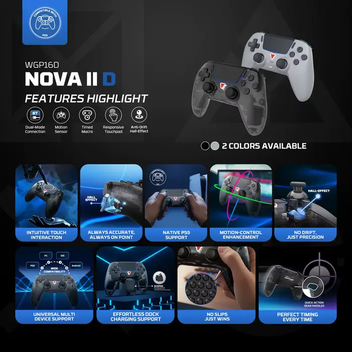 Manette de jeu sans fil FANTECH NOVA IID WGP16D BT pour PS5/PC/iOS/Android avec fonction Turbo