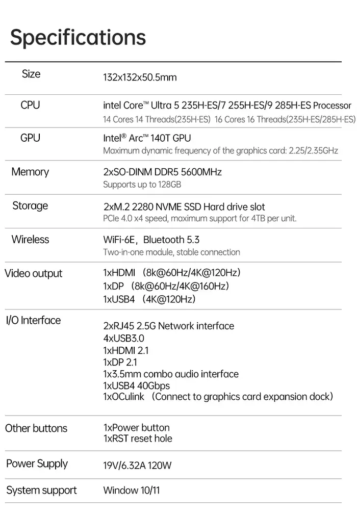Ordinateur de jeu TOPC Intel Core Ultra 5 235H-ES/Ultra 7 255H-ES/Ultra 9 285H-ES 2*DDR5 2*M.2 2280 SSD Win11 Wifi6E BT5.3 OCulink
