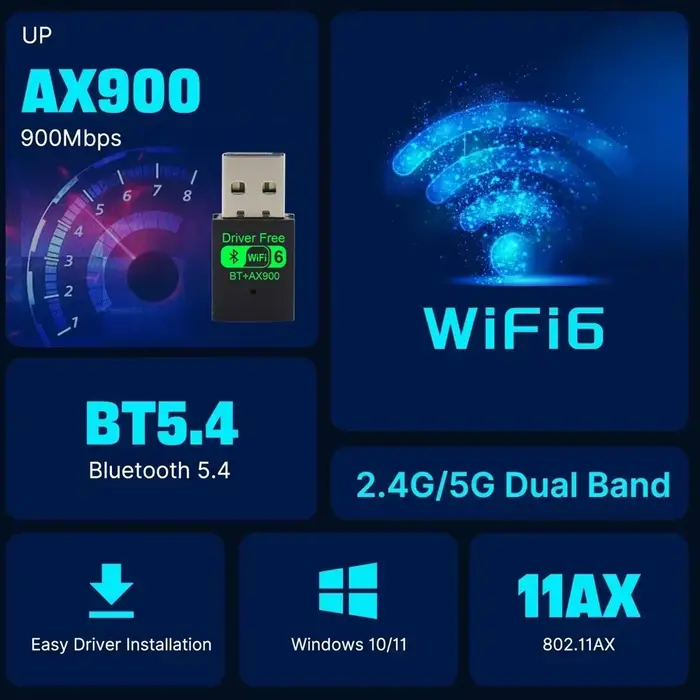 6 AX900 Bluetooth 5.4 WiFi USB adaptateur carte réseau sans fil 2.4G et 5GHz