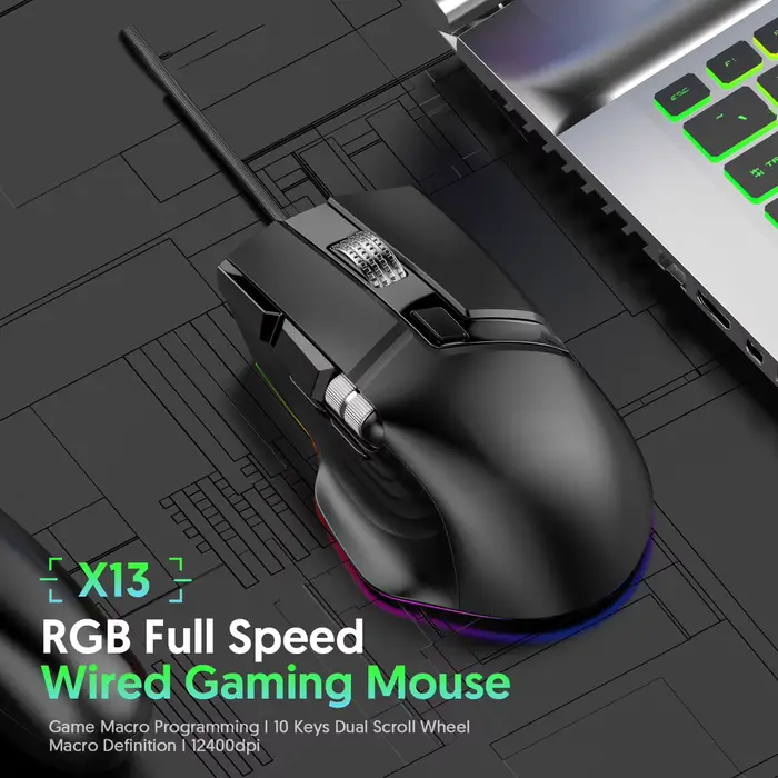 Souris de jeu filaire RGB 7 modes d'éclairage Doubles molettes de défilement Macro programmable 1200-12400 DPI Conception ergonomique pour joueur PC