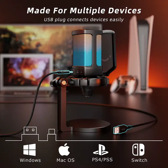 Microphone USB de jeu AmpliGame avec suppression du bruit, micro RGB avec fonction de sourdine rapid