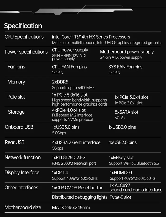 Carte mère MATX Intel i9 14900HX i7 14700HX TOPC PCIe 5.0 4M.2 8SATA 2.5G LAN USB4 DDR4 DDR5 NAS