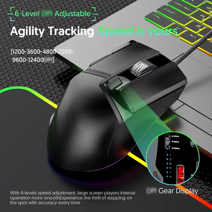 Souris de jeu filaire RGB 7 modes d'éclairage Doubles molettes de défilement Macro programmable 1200-12400 DPI Conception ergonomique pour joueur PC