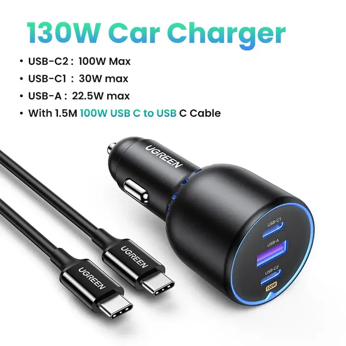 UGREEN 130W USB C chargeur de voiture pour Xiaomi iPhone 17 Samsung Galaxy S25 ordinateurs portables Tabet PD3.0 charge