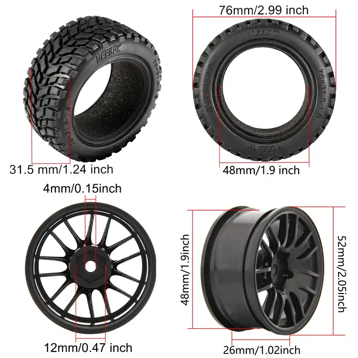Pneus de Buggy tout-terrain de 1.9 pouces, 75mm, roue de 12mm, moyeux hexagonaux en caoutchouc pour 