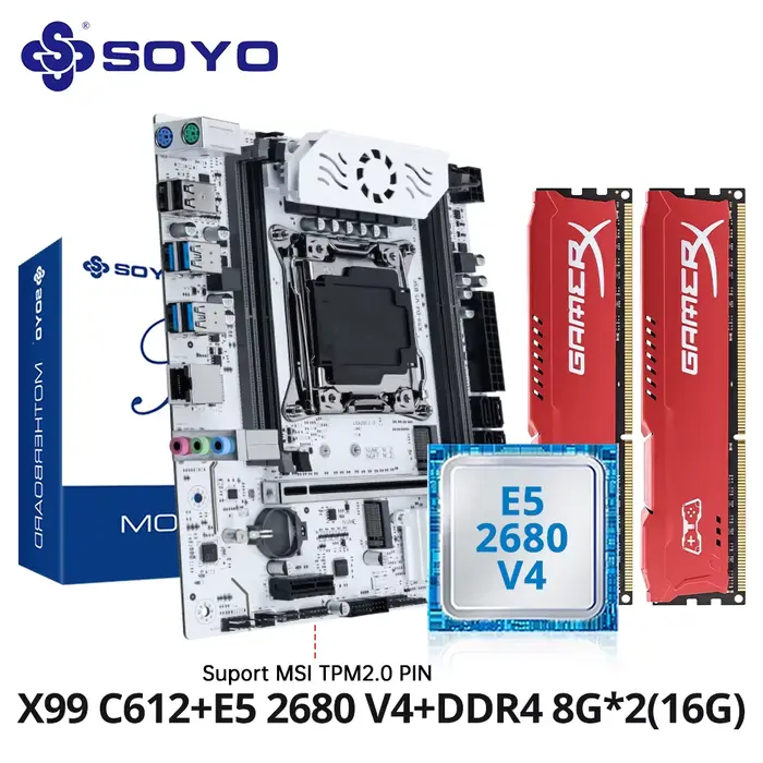 SOYO X99 jeu de carte mère C612 Chipset TPM2.0 broche avec E5 2680 V4 CPU et DDR4 16G (2*8G) 2133MHz