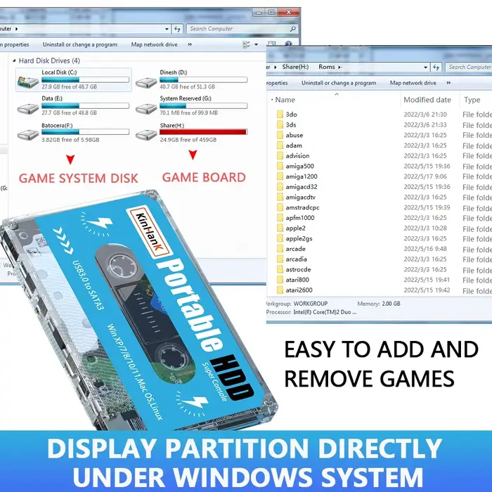 KINHANK 500G Gaming HDD Super Console 100000 jeux vidéo 70 émulateurs pour DC/MAME/SS/NAOMI/PS2/PS1 Plug and Play Batocera OS