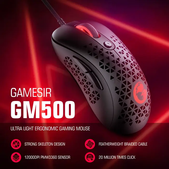 Souris de jeu filaire GameSir GM500, souris PC super légère avec capteur optique PMW33600, 12000 DPI