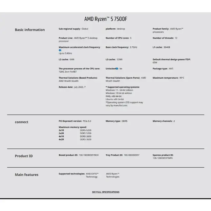 Processeur de jeu pour ordinateur de bureau AMD Ryzen5 7500F 5NM 3.7GHz 6 cœurs 12 threads 32 Mo L3 65W AM5 DDR5 Haute performance Spécifications complètes