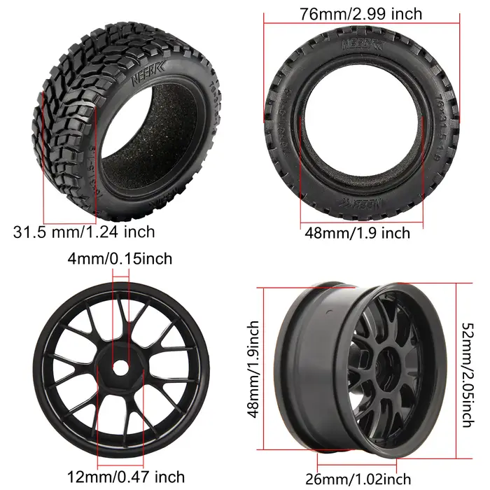 Pneus de Buggy tout-terrain de 1.9 pouces, 75mm, roue de 12mm, moyeux hexagonaux en caoutchouc pour 