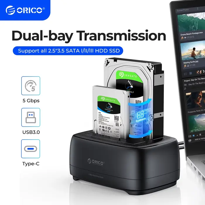 ORICO Station de disque dur double baie USB3.0 5Gbps type-c HDD Station d'accueil avec adaptateur d'