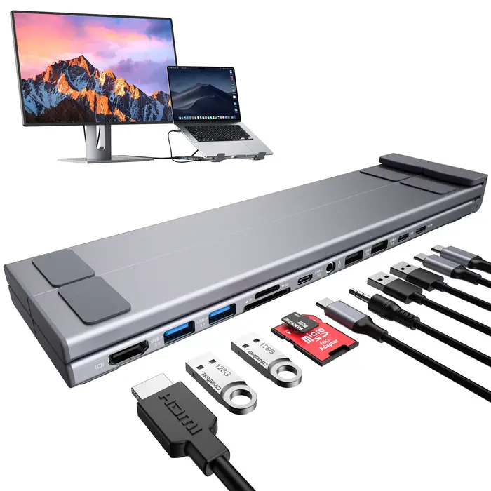 Station d'accueil pour ordinateur portable 11 en 1, Hub USB C avec HDMI 4K@60Hz, PD 100W, SD/TF, Aud