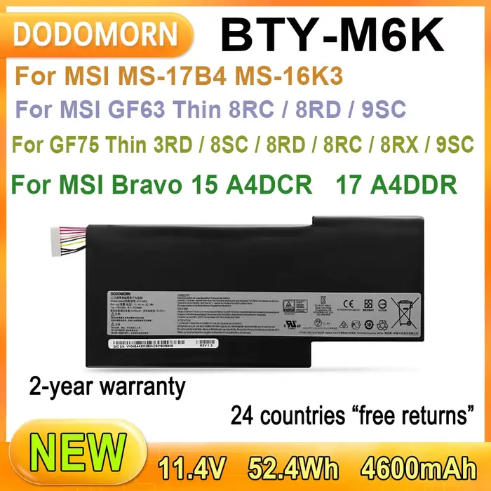 Nouvelle batterie d'ordinateur portable BTY-M6K pour gelée MS-17B4 MS-16K3 GF63 mince 8RC/8RD/9SC GF