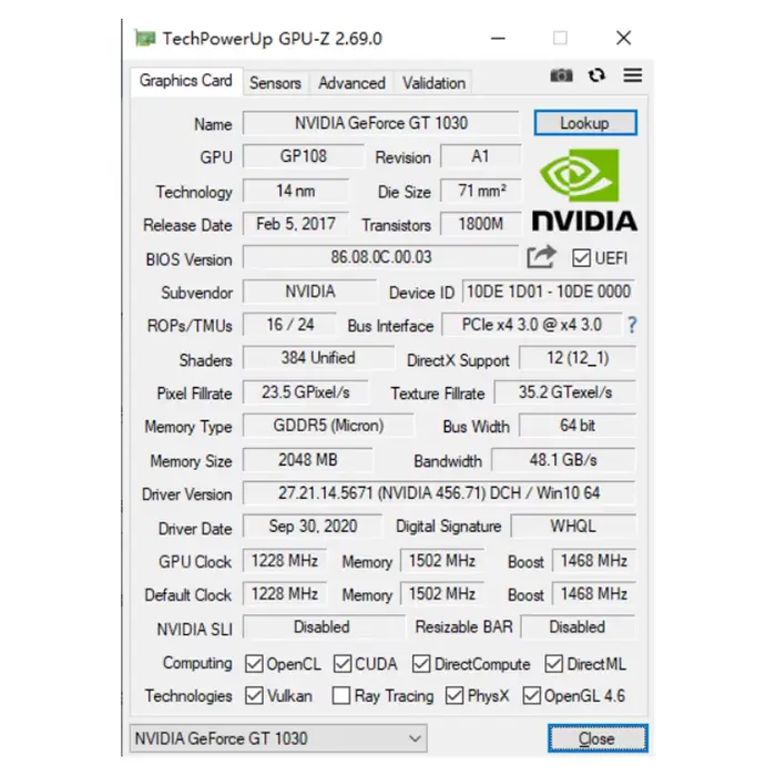 Carte graphique NVIDIA GeForce GT 1030 2 Go GDDR5 64 bits PCIe x4 3.0