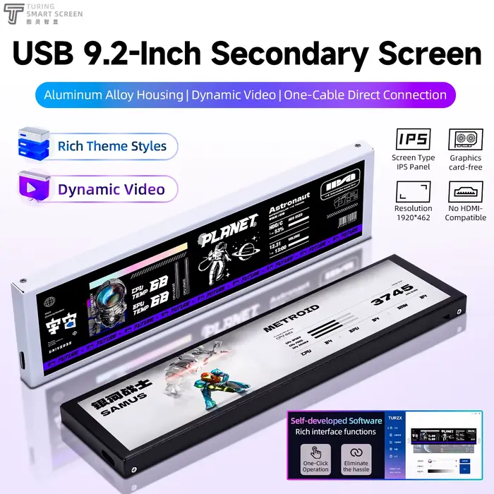 9.2 ''IPS Type C écran secondaire TURZX 1920x462 LCD pour Windows 10 11 châssis d'ordinateur réseau CPU GPU RAM