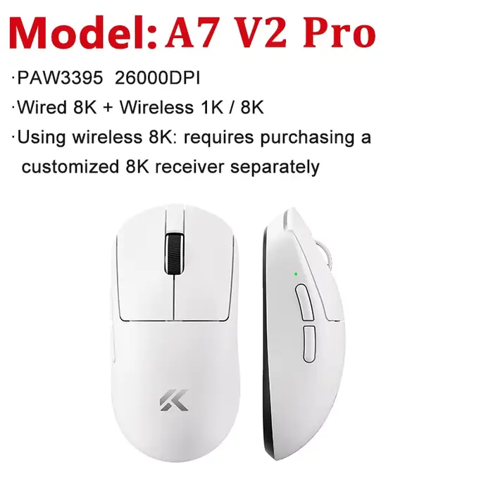 Souris de jeu sans fil ultra-légère MCHOSE A7 V2 Ultra / Pro, double capteur PAW3950 TI 8000Hz, 4200