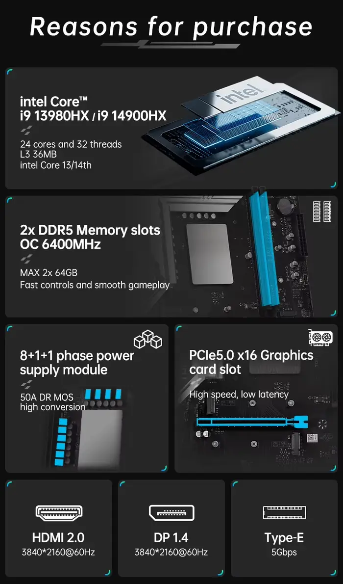Carte mère MATX Intel i9 14900HX i7 14700HX TOPC PCIe 5.0 4M.2 8SATA 2.5G LAN USB4 DDR4 DDR5 NAS