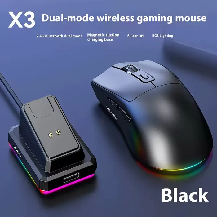 Souris de jeu sans fil NexusClick à double mode, légère, rétroéclairée RGB, station de charge magnét