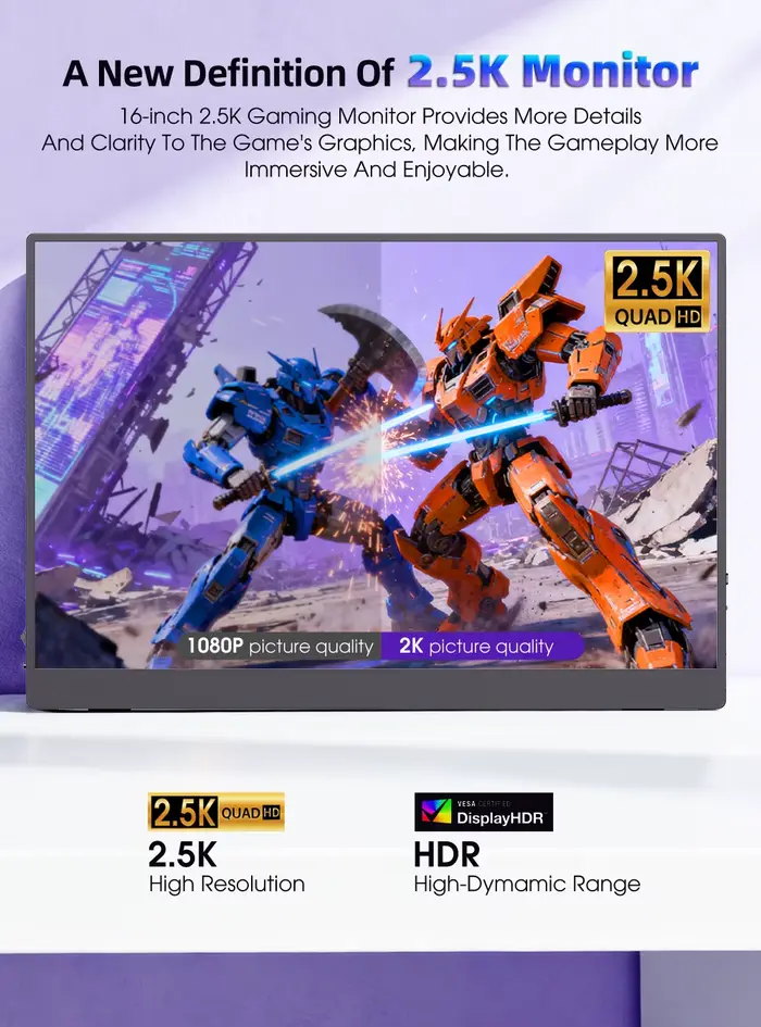 UPERFECT 2K 16" 120 Hz Écran de jeu portable avec haut-parleurs IPS 2560 x 1600 HDMI Type C pour ordinateur