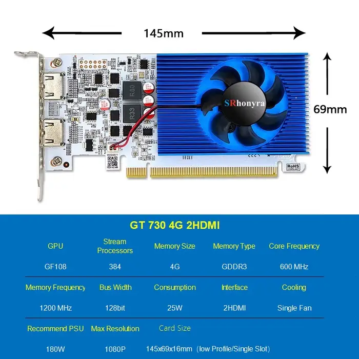 Carte graphique SRhonyra GT 730/RX 550/GT 1030/GTX1050/GTX 1050Ti 4 Go à profil bas compatible SFF/T