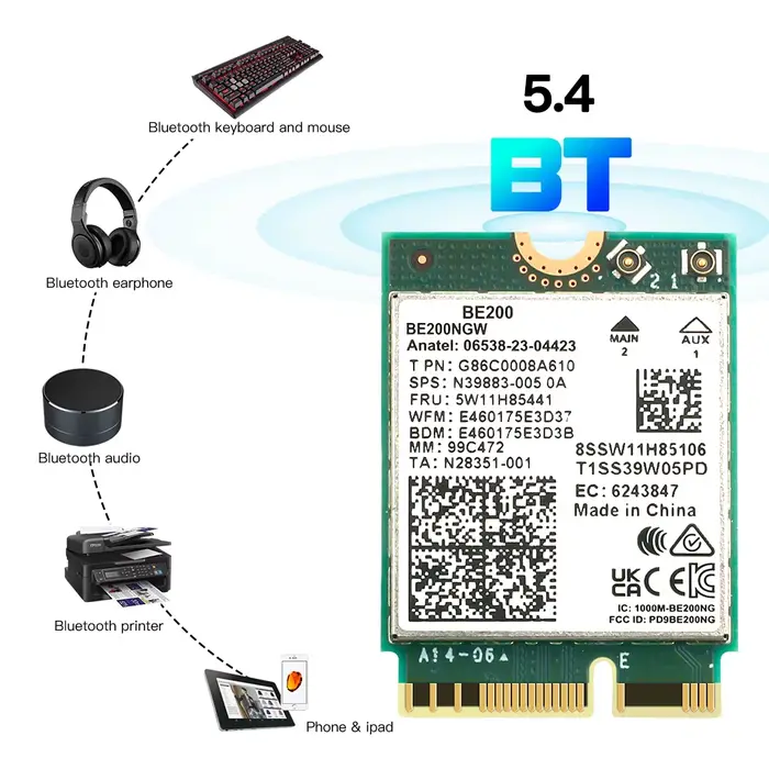 7 BE200 M.2 clé E carte WiFi BT5.4 BE200NGW 2.4/ 5/ 6 GHz 8774 Mbps adaptateur réseau sans fil pour Win 10/11 PC