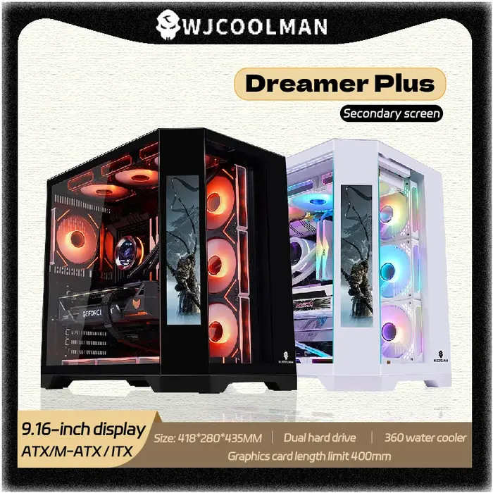 Boîtier PC Gamer WJCOOLMAN Dreamer PLUS avec écran HD 9,16 pouces, vue sur la mer, refroidisseur d'eau 360, Gabinetes Gamer