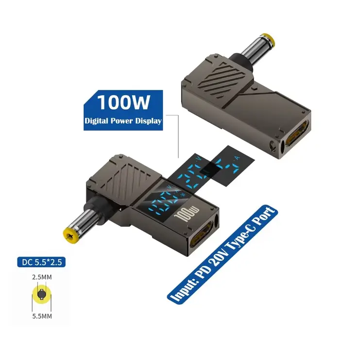 Convertisseur USB-C vers DC à affichage numérique, charge rapide PD 100W, connecteur d'alimentation 