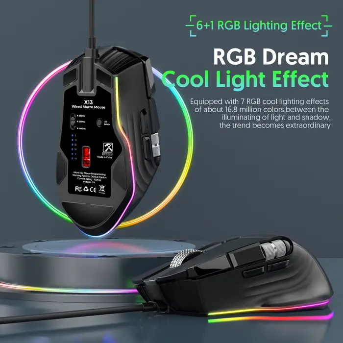 Souris de jeu filaire RGB 7 modes d'éclairage Doubles molettes de défilement Macro programmable 1200-12400 DPI Conception ergonomique pour joueur PC
