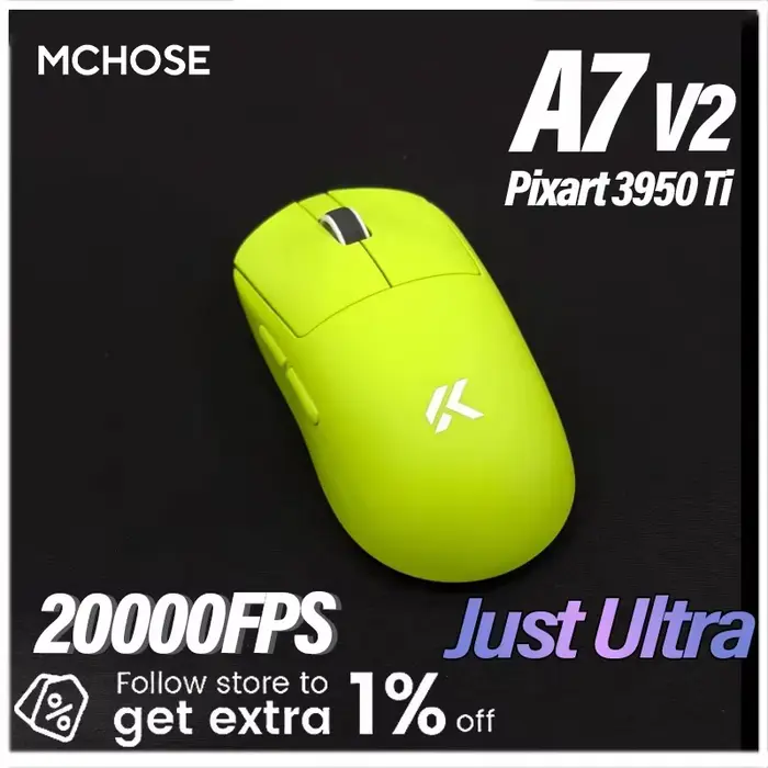 MCHOSE A7 V2 Ultra+ Souris de jeu sans fil tri-mode légère Paw3950 42000DPI 500MAh pour PC