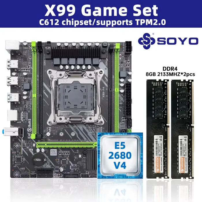 Kit de carte mère SOYO blanc X99 avec processeur E5-2680 V4 et DDR 2133MHZ 8GB * 2 = 8GB RAM LGA2011