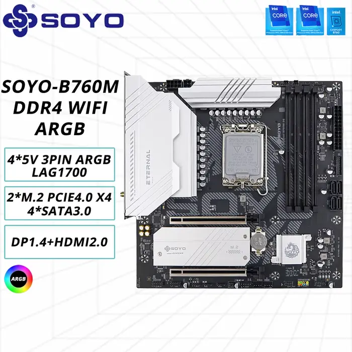 SOYO B760M D4 WiFi DDR4 LGA 1700 Intel B760 M-ATX carte mère 2 * M.2 PCIe 4.0 type-c WiFi6 ARGB USB3