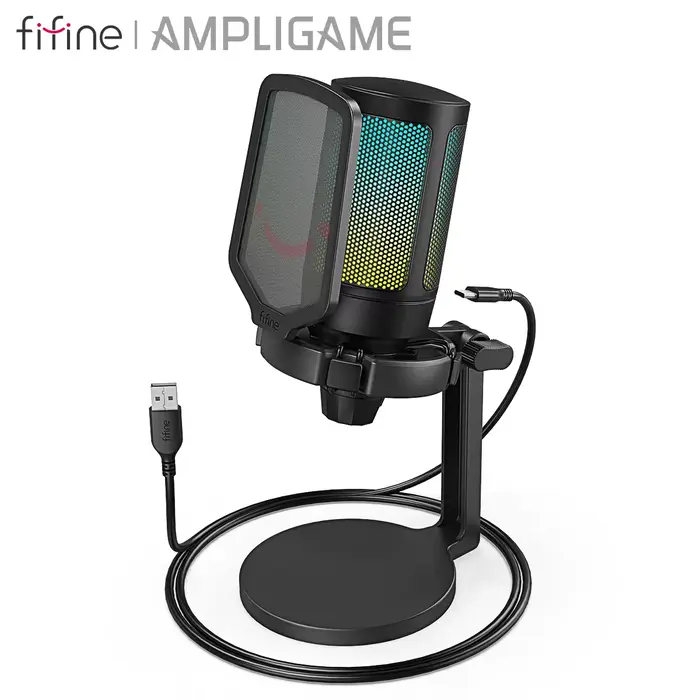 AmpliGame by FIFINE Microphone de jeu USB avec RVB, Bouton de gain, Muet tactile, Micro à condensate