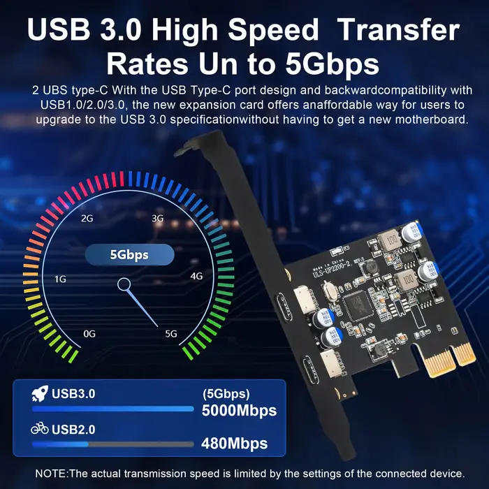 Carte PCIe vers USB C, carte d'extension USB 3.1 Gen 1 Type C à 2 ports pour ordinateur de bureau