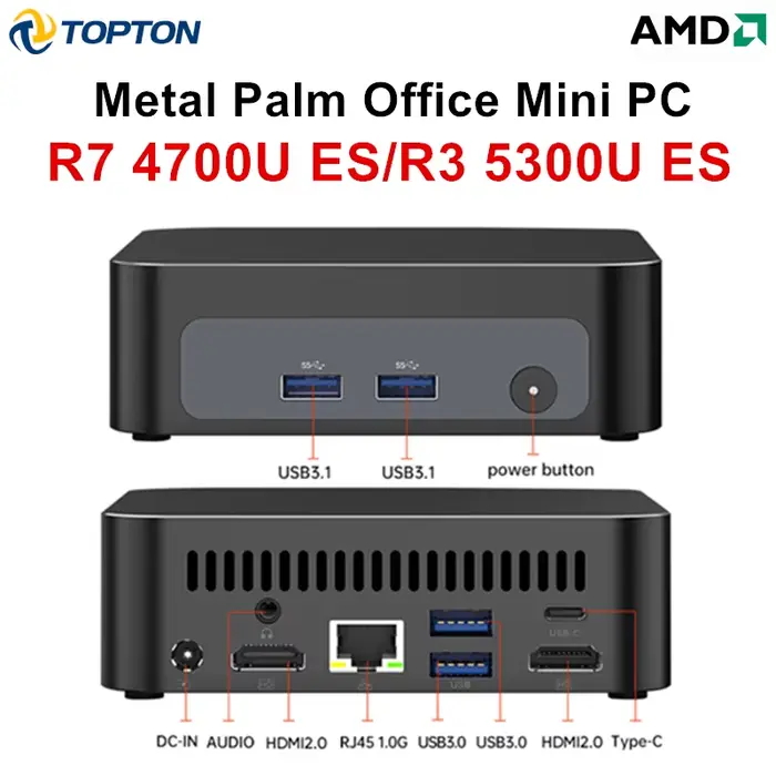 Mini PC de jeu Topton Palm, AMD Ryzen 7 4700U ES 3 5300U ES, 2*DDR4, 2*emplacements M.2, PC de burea