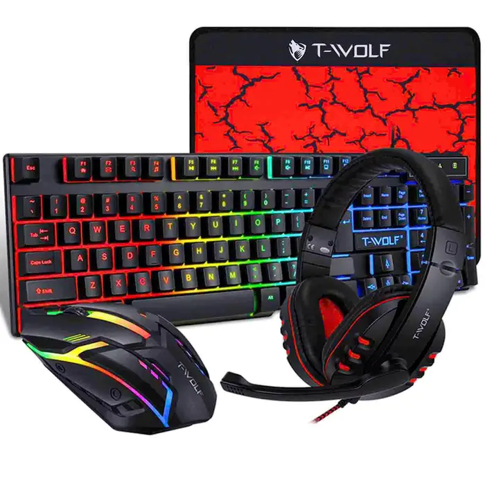 Clavier de jeu Combo 104 touches avec souris lumineuse respiratoire 4 couleurs, casque 3,5 mm, tapis