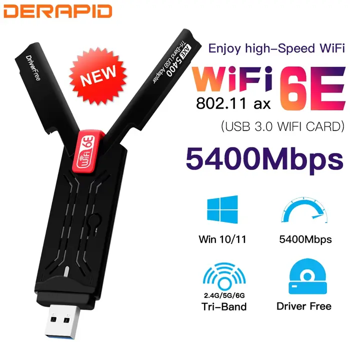 Adaptateur sans fil WiFi6E AX5400 USB 3.0, Booster Wi-Fi 2.4GHz/5GHz/6GHz avec antenne à Gain élevé