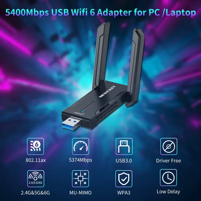 NEWFAST 5400Mbps WiFi6 Wifi adaptateur 2.4/5.8/6Ghz Gigabit 2 2*2dBi antennes USB3.0 carte réseau sans fil de jeu pour PC Win10/11
