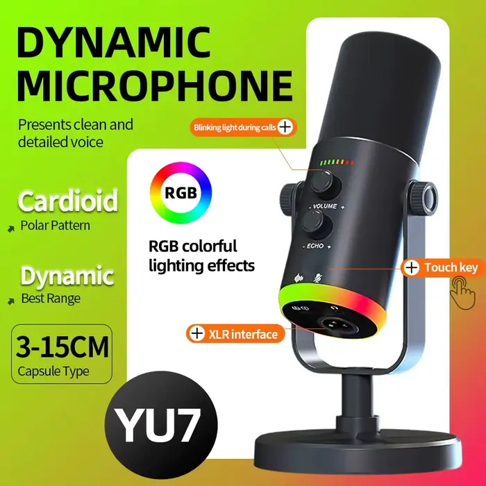 Microphone de jeu USB RGB avec logiciel de réduction du bruit, fonction de gain et de silencieux pou