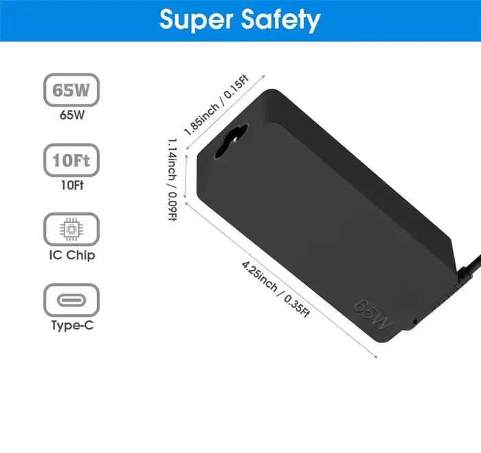 Chargeur USB C pour ordinateur portable 65W 20V 3.25A pour DELL Lenovo ThinkPad Hp Chromebook Yoga Huawei Xiaomi ASUS