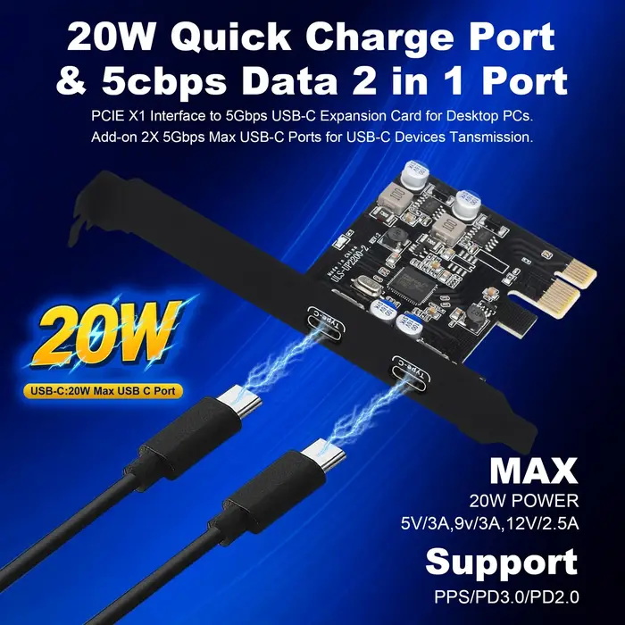 Carte PCIe vers USB C, carte d'extension USB 3.1 Gen 1 Type C à 2 ports pour ordinateur de bureau