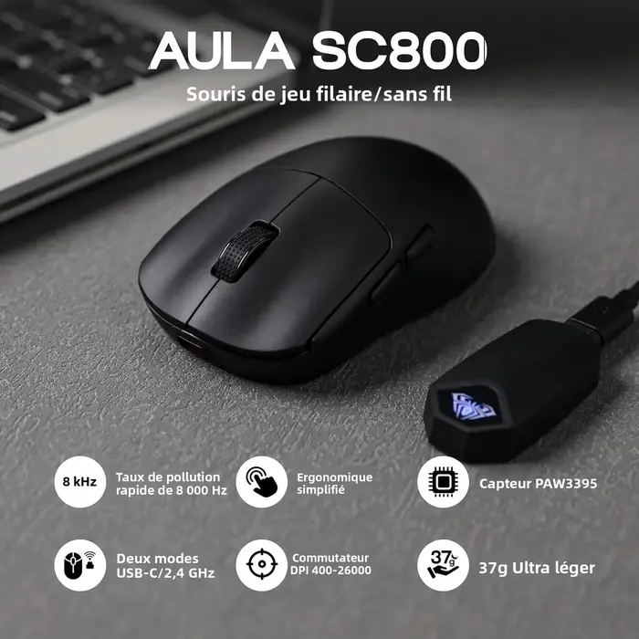 AULA SC800 souris de jeu USB-C filaire/2.4G 37g léger 8K Paw3395 capteur