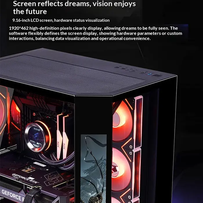 Boîtier PC Gamer WJCOOLMAN Dreamer PLUS avec écran HD 9,16 pouces, vue sur la mer, refroidisseur d'eau 360, Gabinetes Gamer