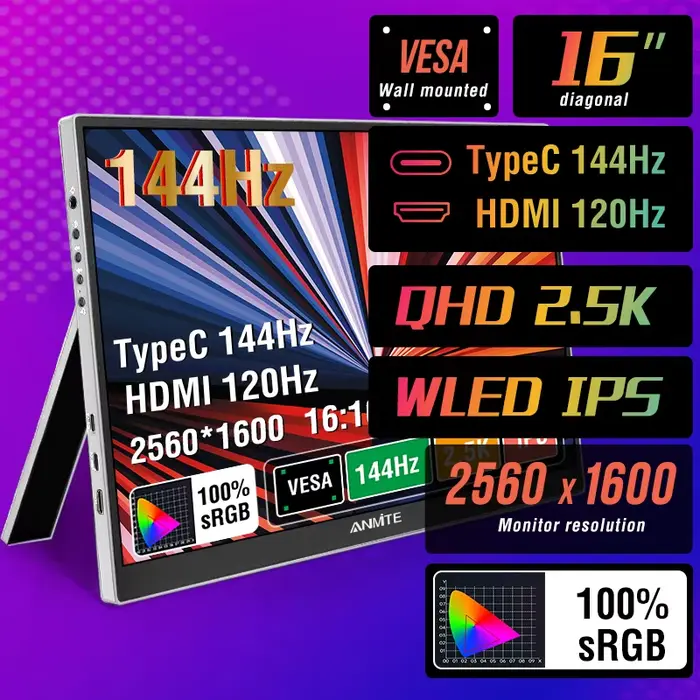 Moniteur de jeu Portable 16 pouces 2.5K, 144Hz/120Hz, 500cd/m, faible lumière bleue pour XBox PS4/5 