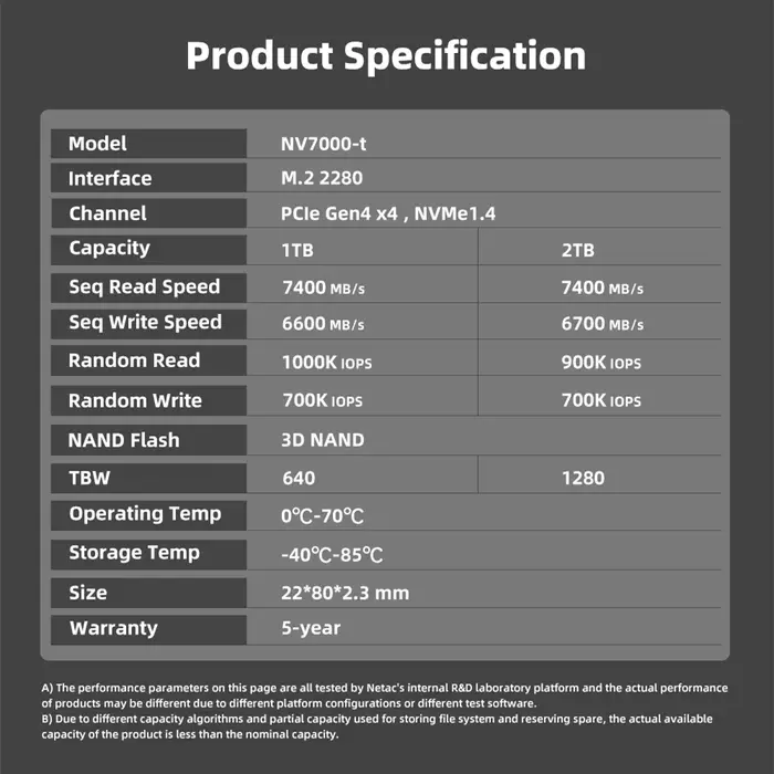 Netac 7400 mo/s SSD NVMe 4 to 2 to 1 to 512 go ssd M.2 2280 PCIE4.0x4 disque dur à semi-conducteurs 