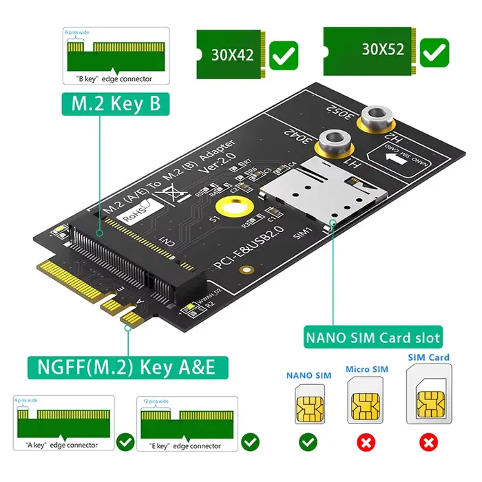 Adaptateur M.2 clé B vers M.2 clé A + E avec fente pour carte NANO