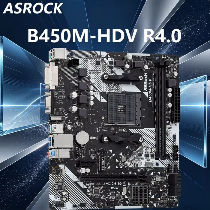 Carte mère B450 AM4 ASROCK B450M-HDV R4.0, compatible avec les processeurs Ryzen 7 5700X3D, 5700X, 5