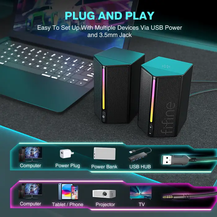 FIFINE – boîte de son de jeu avec son Surround stéréo, haut-parleur USB RGB avec contrôle Vol pour P